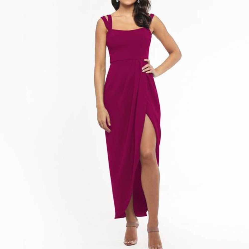 Xscape Midi Crepe Dress Wrap Style Magenta Purple Side Slit